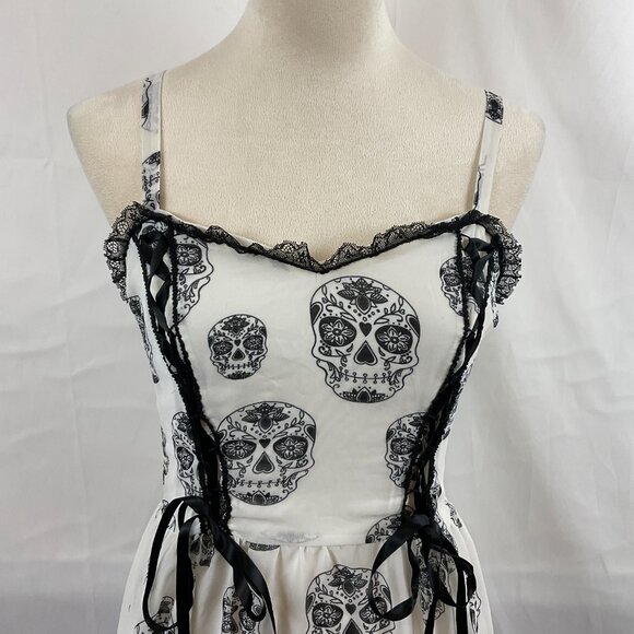 Royal Bones Daang Goodman Slip Dress M Black White Sugar Skull Print Lace-Up - Picture 2 of 12